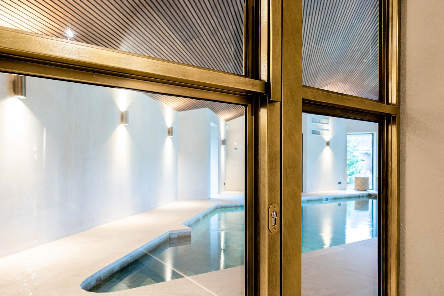 a bronze steel door with clear glass seen in a private indoor pool
