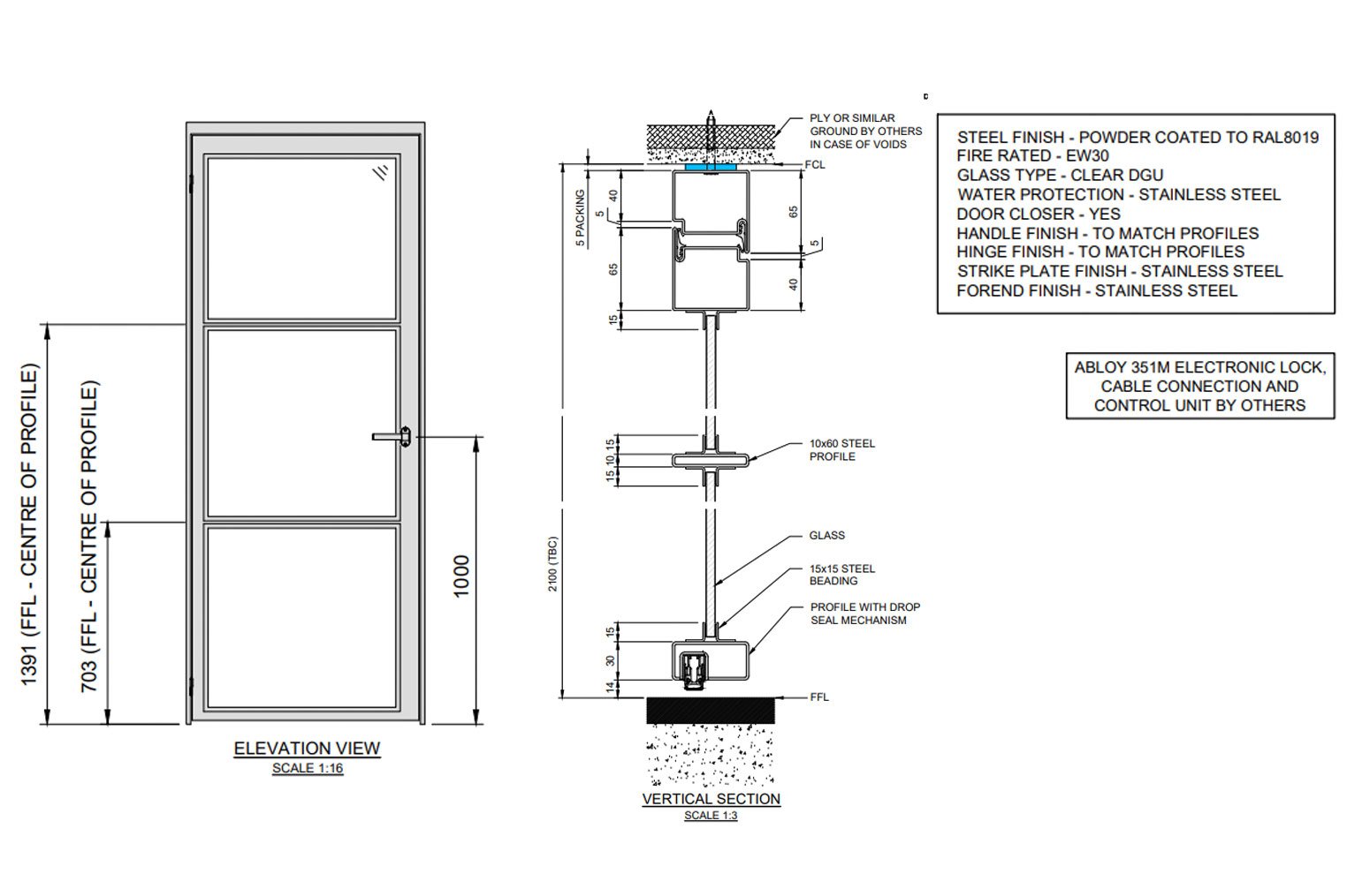 a hinged steel door with an electronic lock leading to an indoor pool and gym