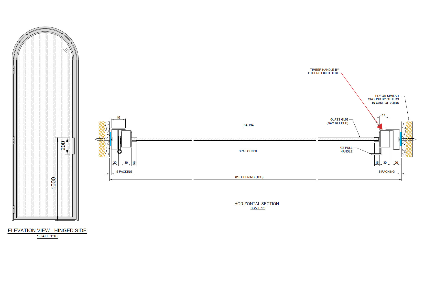 technical drawing of an arched steel door designed for a sauna
